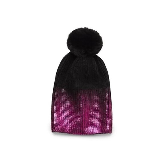 New - JOCELYN Faux Fur Pom Metallic Ombré Knit Hat Hot Pink - Picture 1 of 2